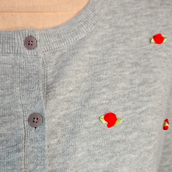 Gray Cardigan Sweater with Red Ribbon Rose Accents - Picture 3 of 13